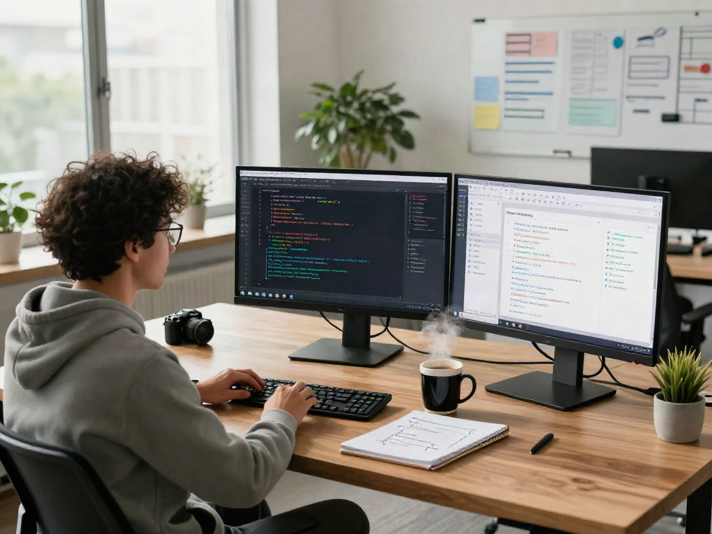 AI 18+ development workspace featuring a data scientist coding and visualizing AI analytics in a modern office.